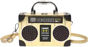 Vintage Radio Recorder Shaped Box Bag, PU Leather Top Handle Clutch Handbag, Novelty Magnetic Tape Shoulder Crossbody Purse