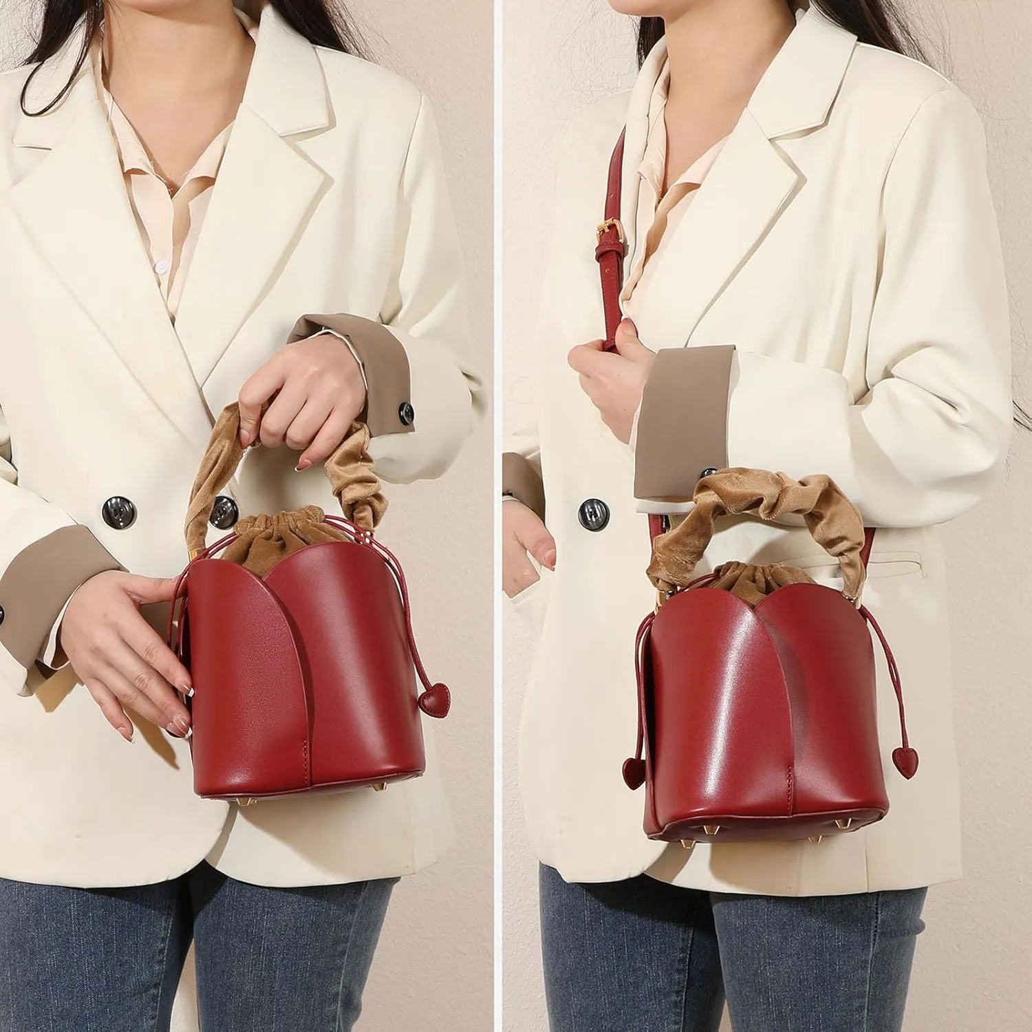 Vintage Women's Fashion Bucket Bag, Top Handle Handbag, PU Leather Drawstring Shoulder Crossbody Bag, Daily Commuter Bag