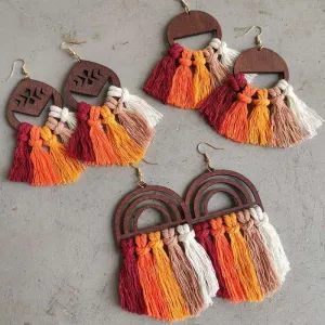 Vintage Wooden Autumn Fringe Tassel Earrings