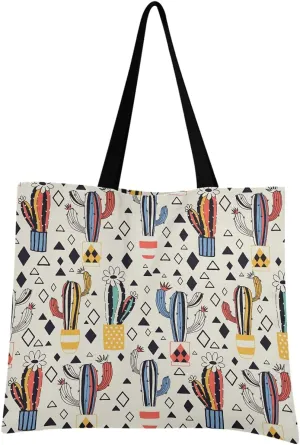 visesunny Women Extra Large Tote Bag Cactus Flower Pot Milky White Pattern Shoulder Bags Ladies Beach Travel Reusable Grocery Shopping Portable Storage Handbag