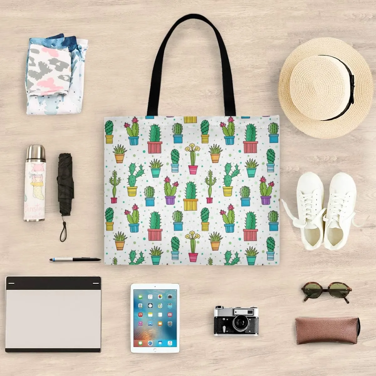 visesunny Women's Large Canvas Tote Shoulder Bag Lovely Green Cactus In Pot Flower Top Storage Handle Shopping Bag Casual Reusable Tote Bag for Beach,Travel,Groceries,Books