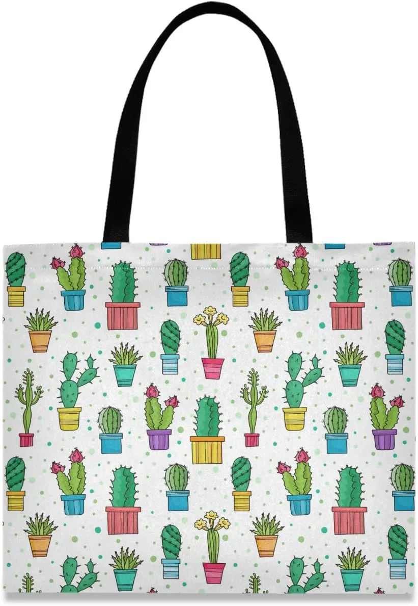 visesunny Women's Large Canvas Tote Shoulder Bag Lovely Green Cactus In Pot Flower Top Storage Handle Shopping Bag Casual Reusable Tote Bag for Beach,Travel,Groceries,Books
