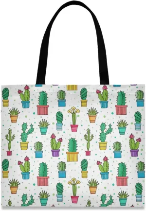 visesunny Women's Large Canvas Tote Shoulder Bag Lovely Green Cactus In Pot Flower Top Storage Handle Shopping Bag Casual Reusable Tote Bag for Beach,Travel,Groceries,Books