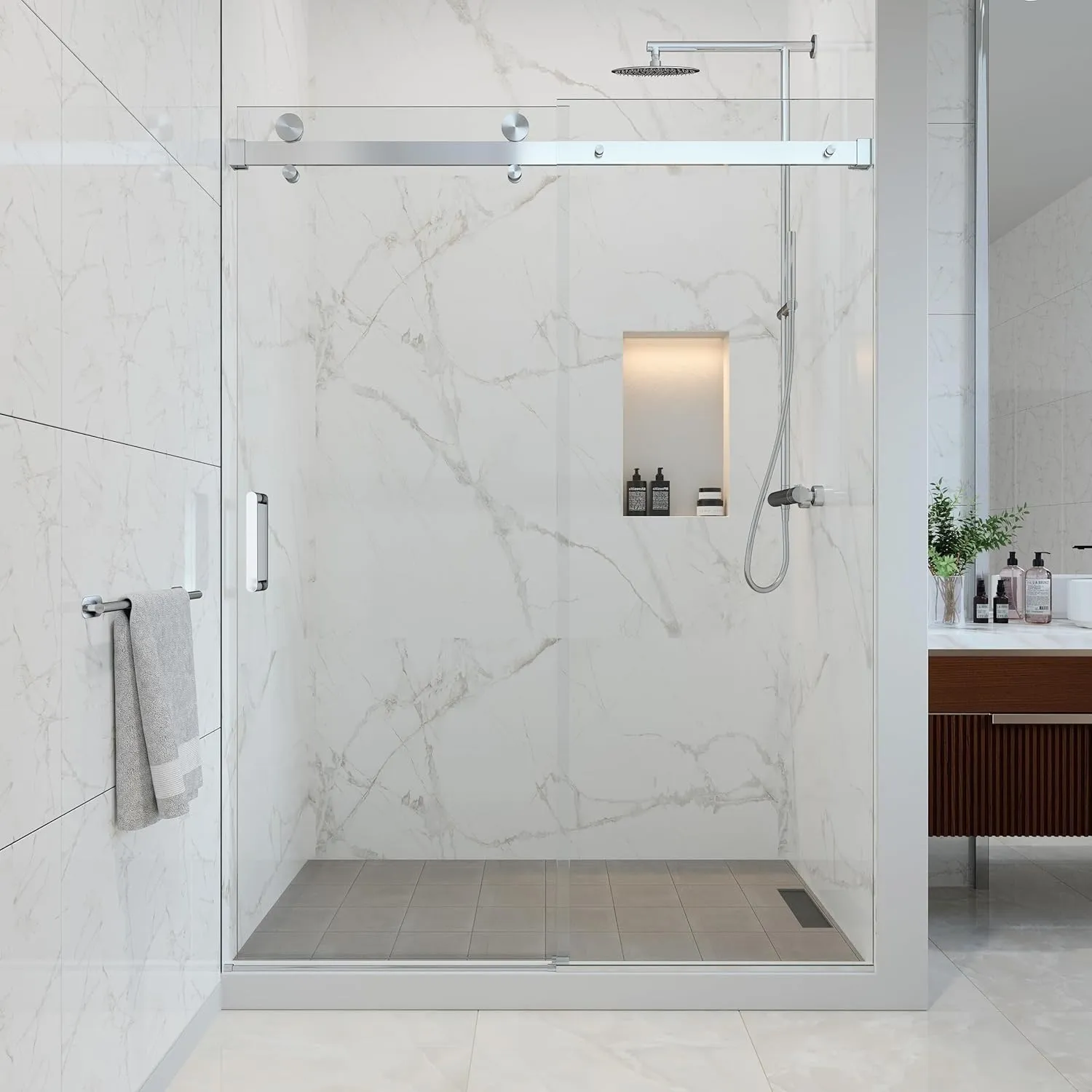 VITRA-100 56"-59.25" W x 78" H, Single Sliding Frameless Shower Door, 3/8" Clear Tempered Glass (Polished Stainless)