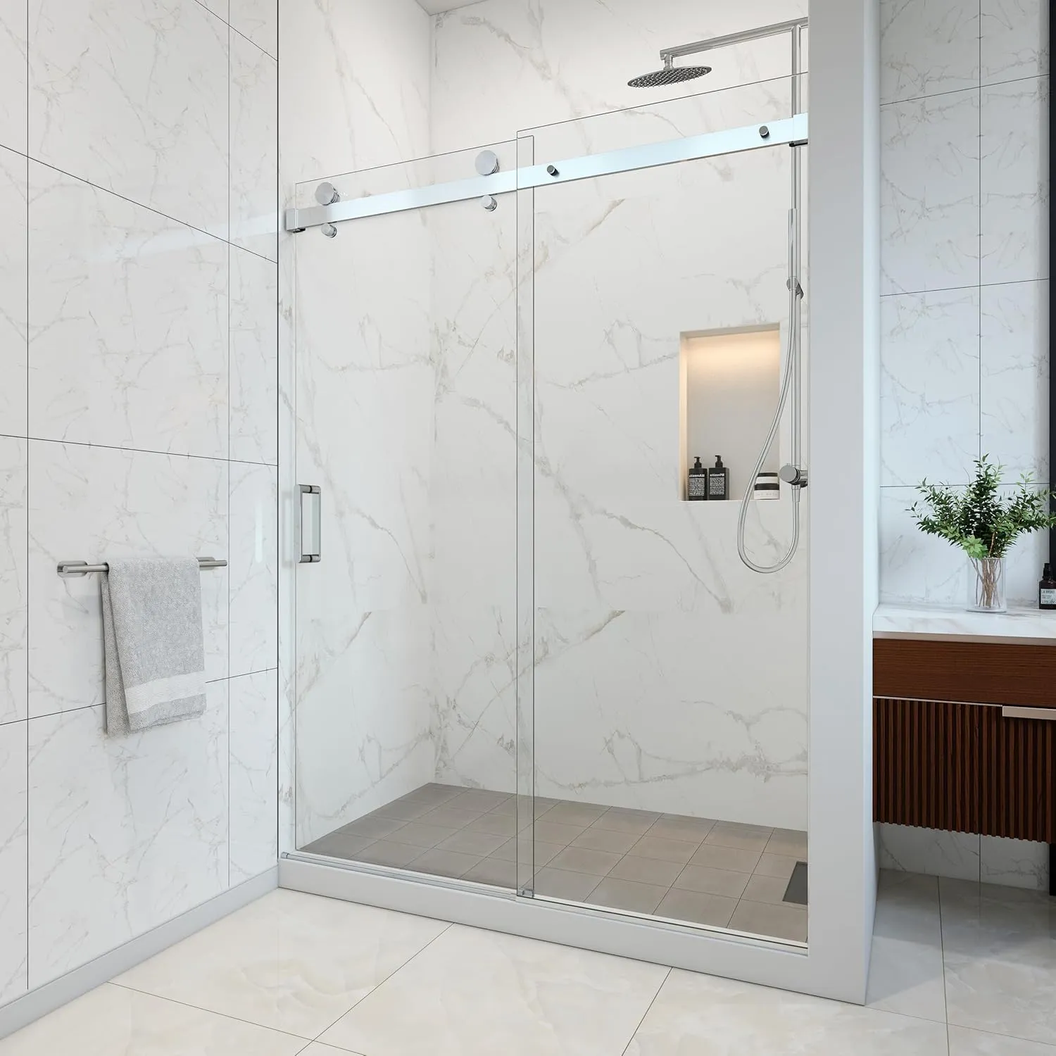 VITRA-100 56"-59.25" W x 78" H, Single Sliding Frameless Shower Door, 3/8" Clear Tempered Glass (Polished Stainless)