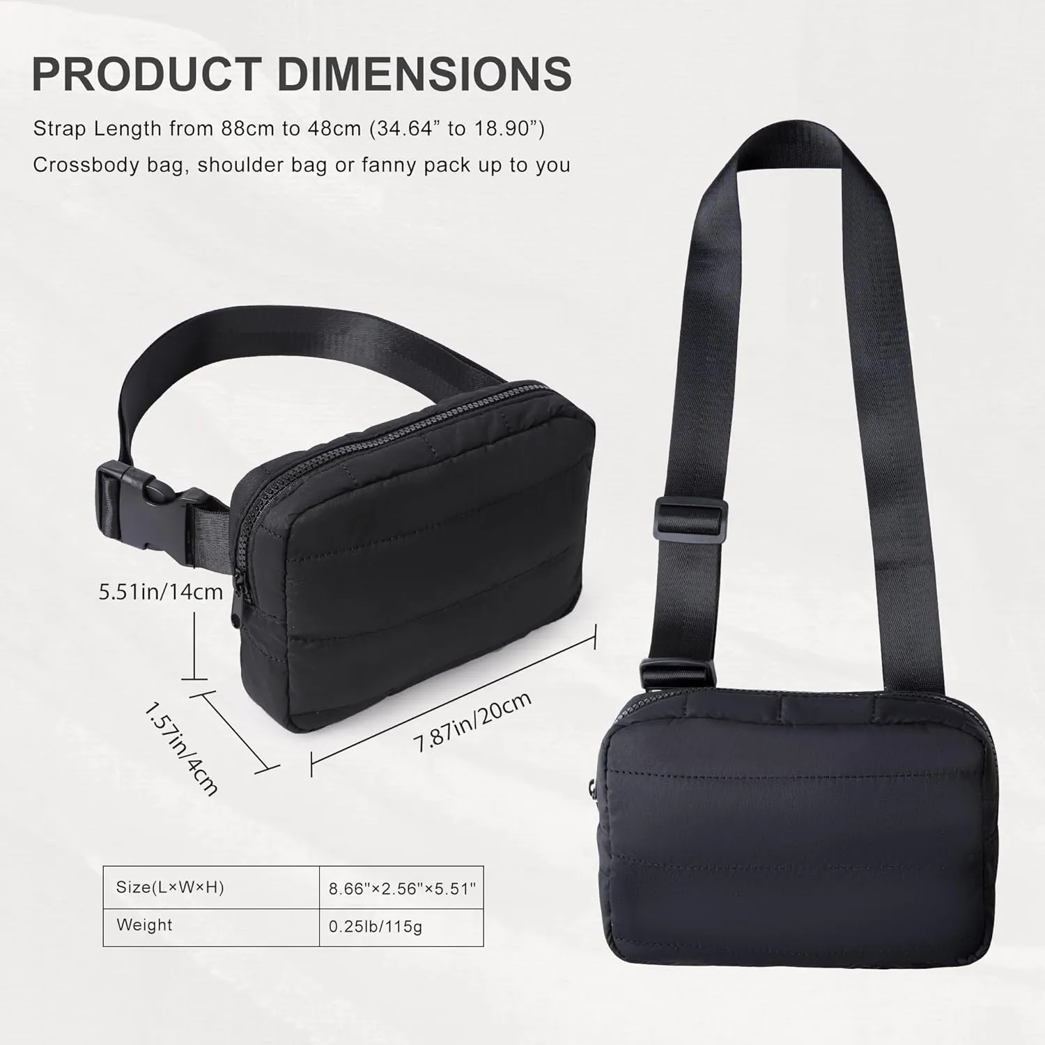 Viva Terry Puffer Belt Bag for Women and Men Small Quilted Crossbody Fanny Pack with Adjustable Strap for Running Hiking Travel Workout-Black