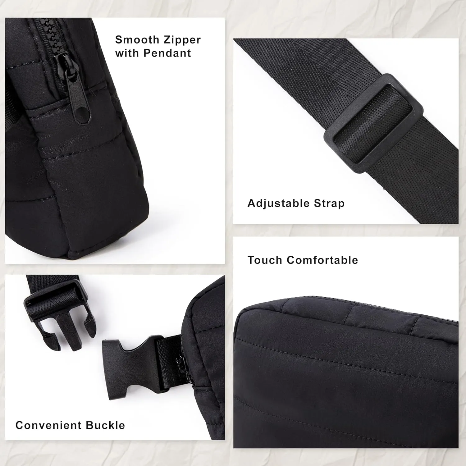Viva Terry Puffer Belt Bag for Women and Men Small Quilted Crossbody Fanny Pack with Adjustable Strap for Running Hiking Travel Workout-Black