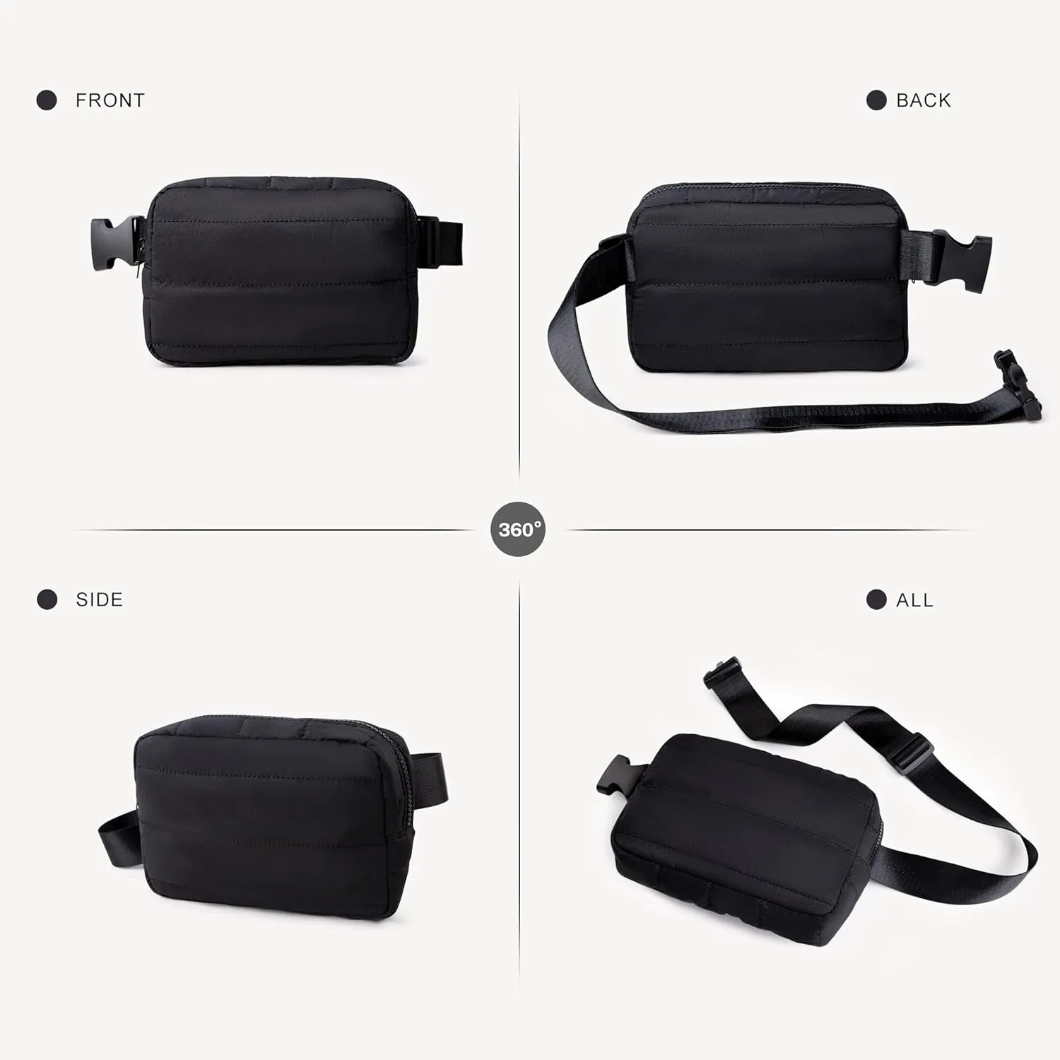 Viva Terry Puffer Belt Bag for Women and Men Small Quilted Crossbody Fanny Pack with Adjustable Strap for Running Hiking Travel Workout-Black