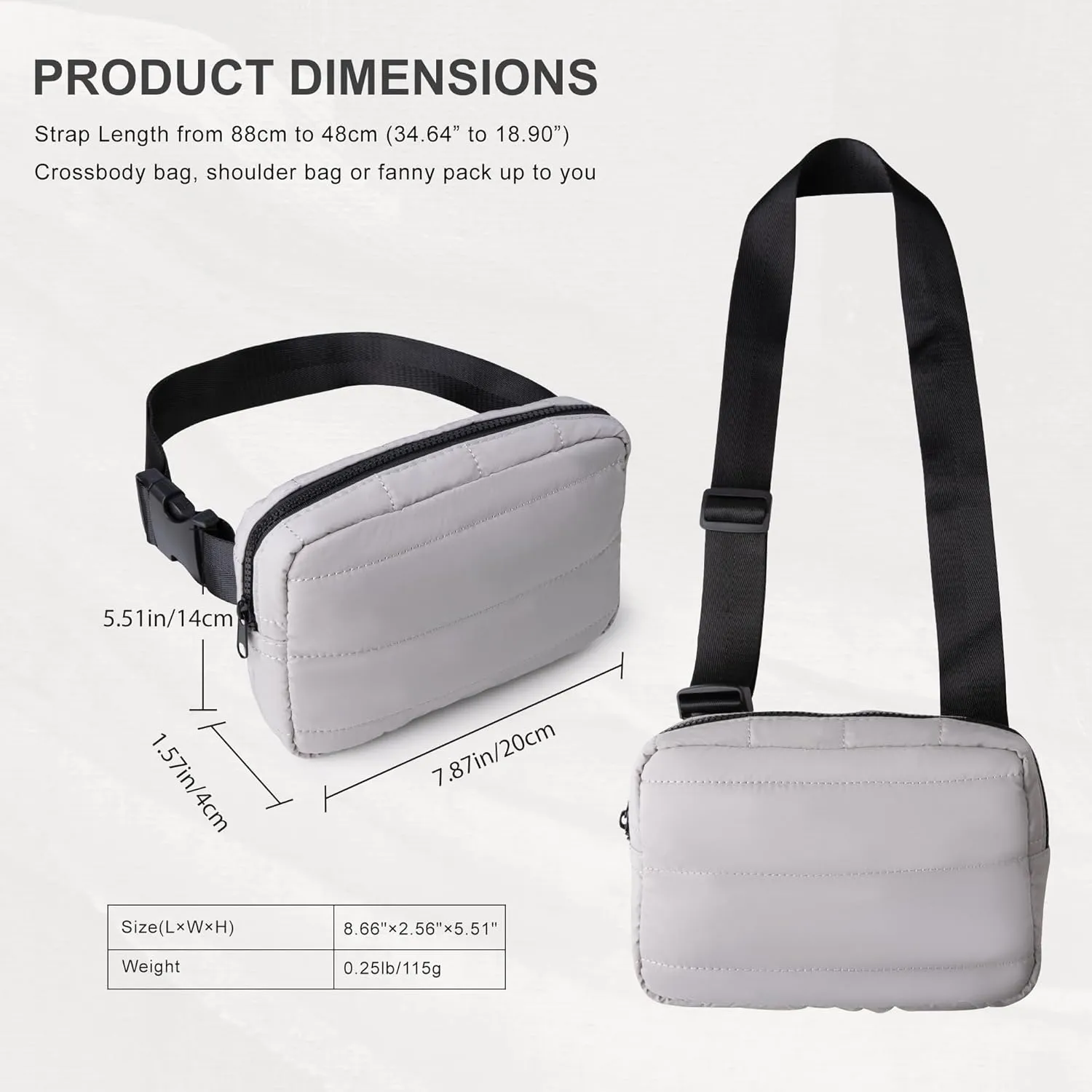 Viva Terry Puffer Belt Bag for Women and Men Small Quilted Crossbody Fanny Pack with Adjustable Strap for Running Hiking Travel Workout-Grey