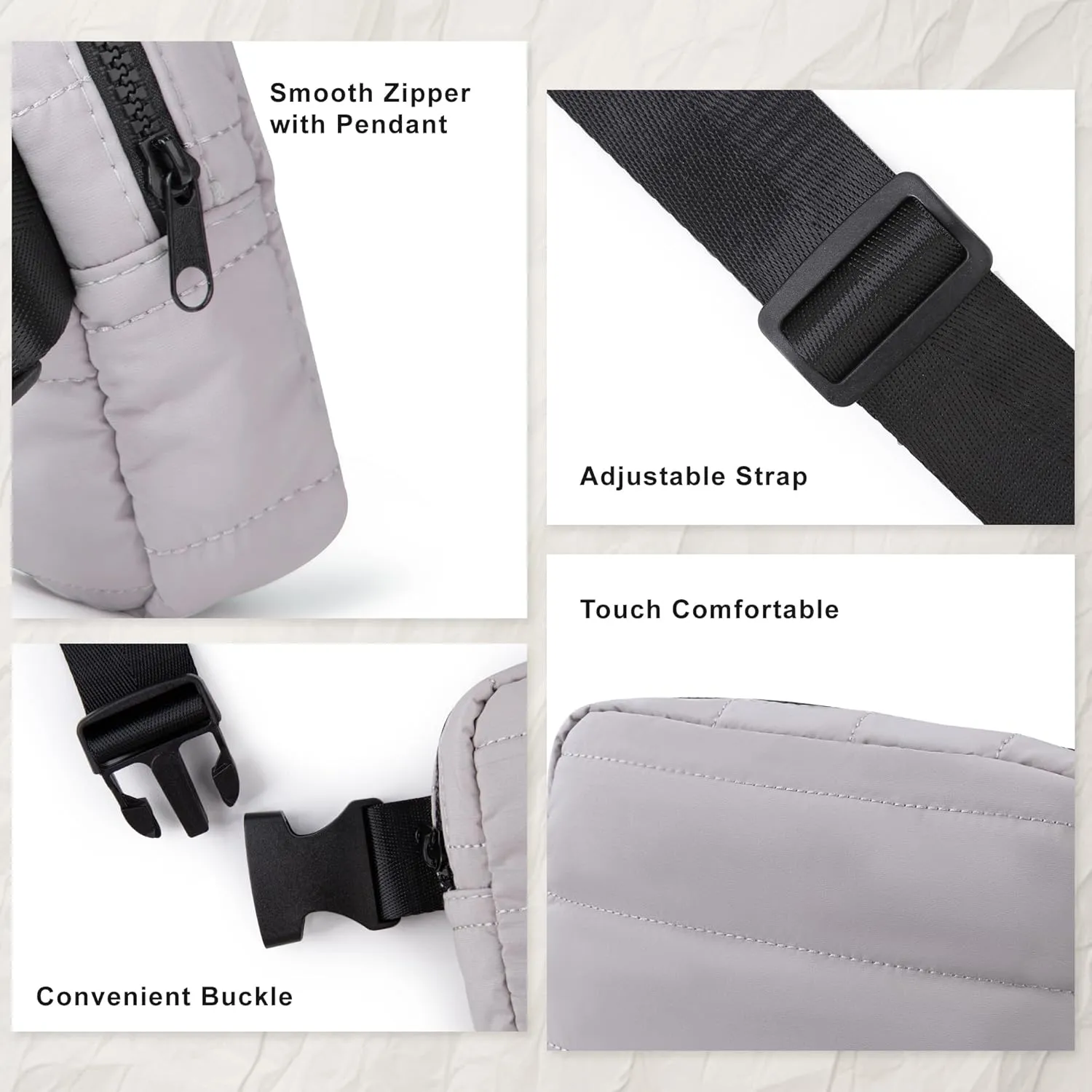 Viva Terry Puffer Belt Bag for Women and Men Small Quilted Crossbody Fanny Pack with Adjustable Strap for Running Hiking Travel Workout-Grey