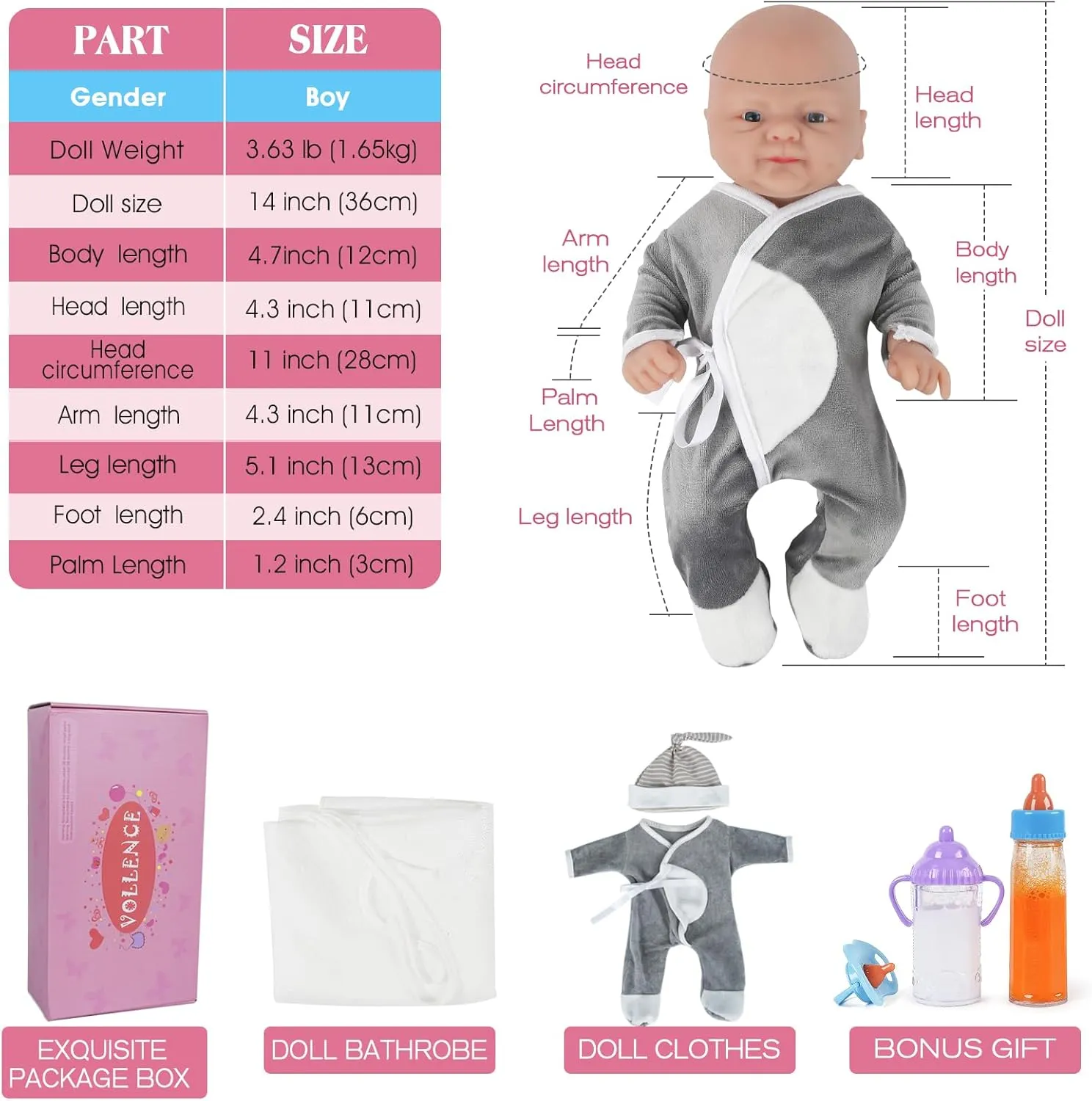 Vollence 14" Full Silicone Realistic Baby Doll - Lifelike Platinum Boy