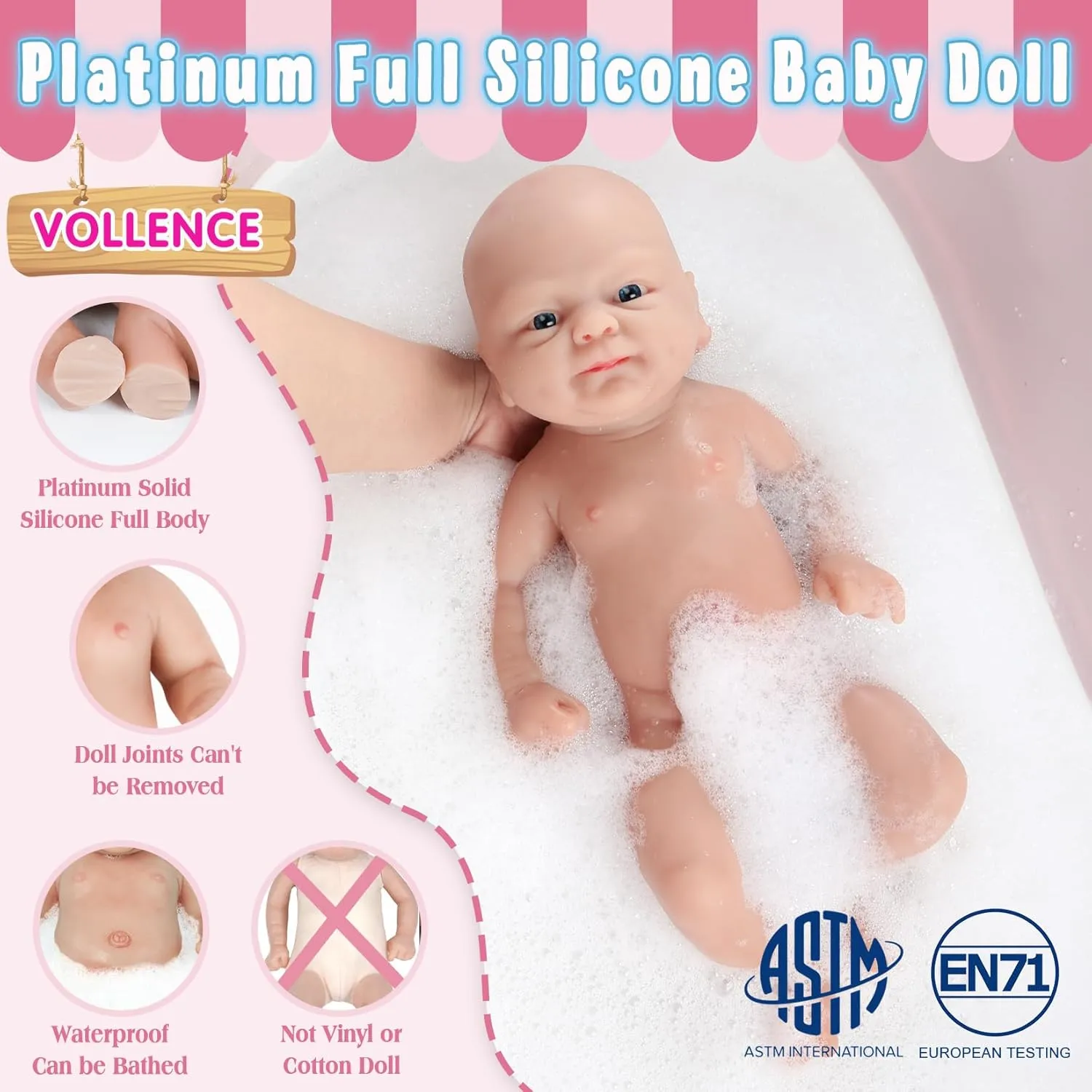 Vollence 14" Full Silicone Realistic Baby Doll - Lifelike Platinum Boy
