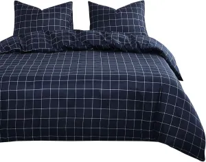 Wake In Cloud - Grid Comforter Set, Preppy Geometric Plaid Checkered Modern Pattern Printed, Soft Lightweight Bedding, 3 Pieces, Navy, Twin Size