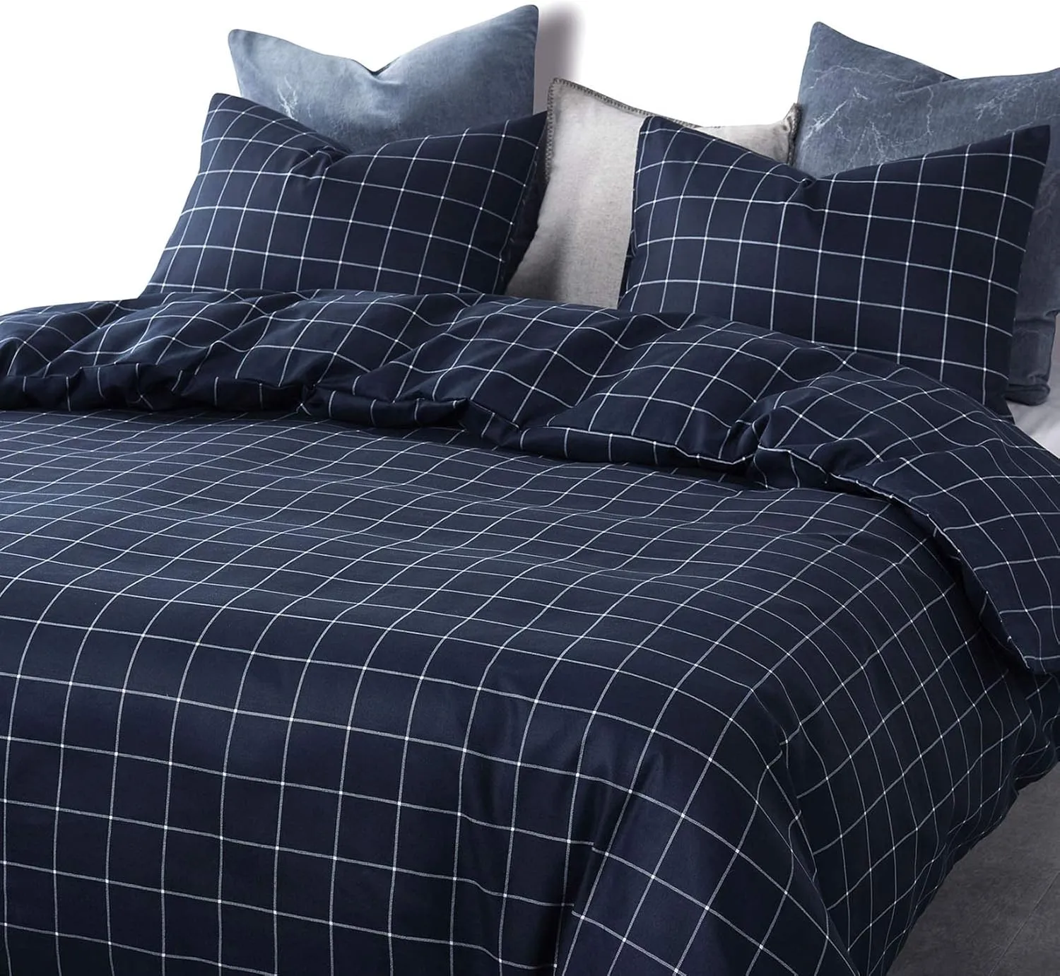 Wake In Cloud - Grid Comforter Set, Preppy Geometric Plaid Checkered Modern Pattern Printed, Soft Lightweight Bedding, 3 Pieces, Navy, Twin Size