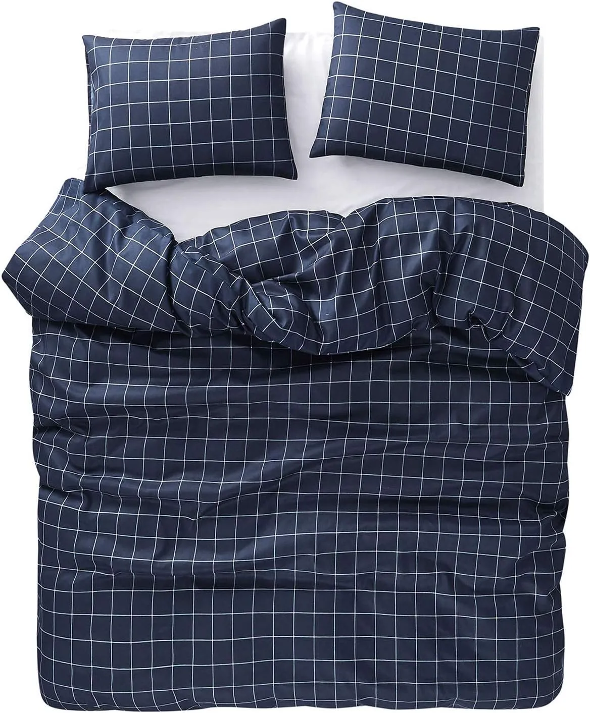 Wake In Cloud - Grid Comforter Set, Preppy Geometric Plaid Checkered Modern Pattern Printed, Soft Lightweight Bedding, 3 Pieces, Navy, Twin Size