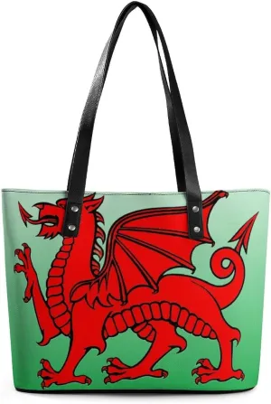 Wales Flag Welsh Dragon Women's Tote Shoulder Bag Handbag Top Handle Leather 29 * 34 * 14cm