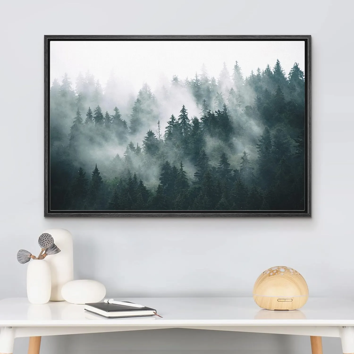 wall26 Framed Canvas Print Wall Art Misty and Fog Over Dark Mountain Forest Wilderness Nature Photography Modern Art Rustic Landscape Colorful for Living Room, Bedroom, Office - 24x36 Black