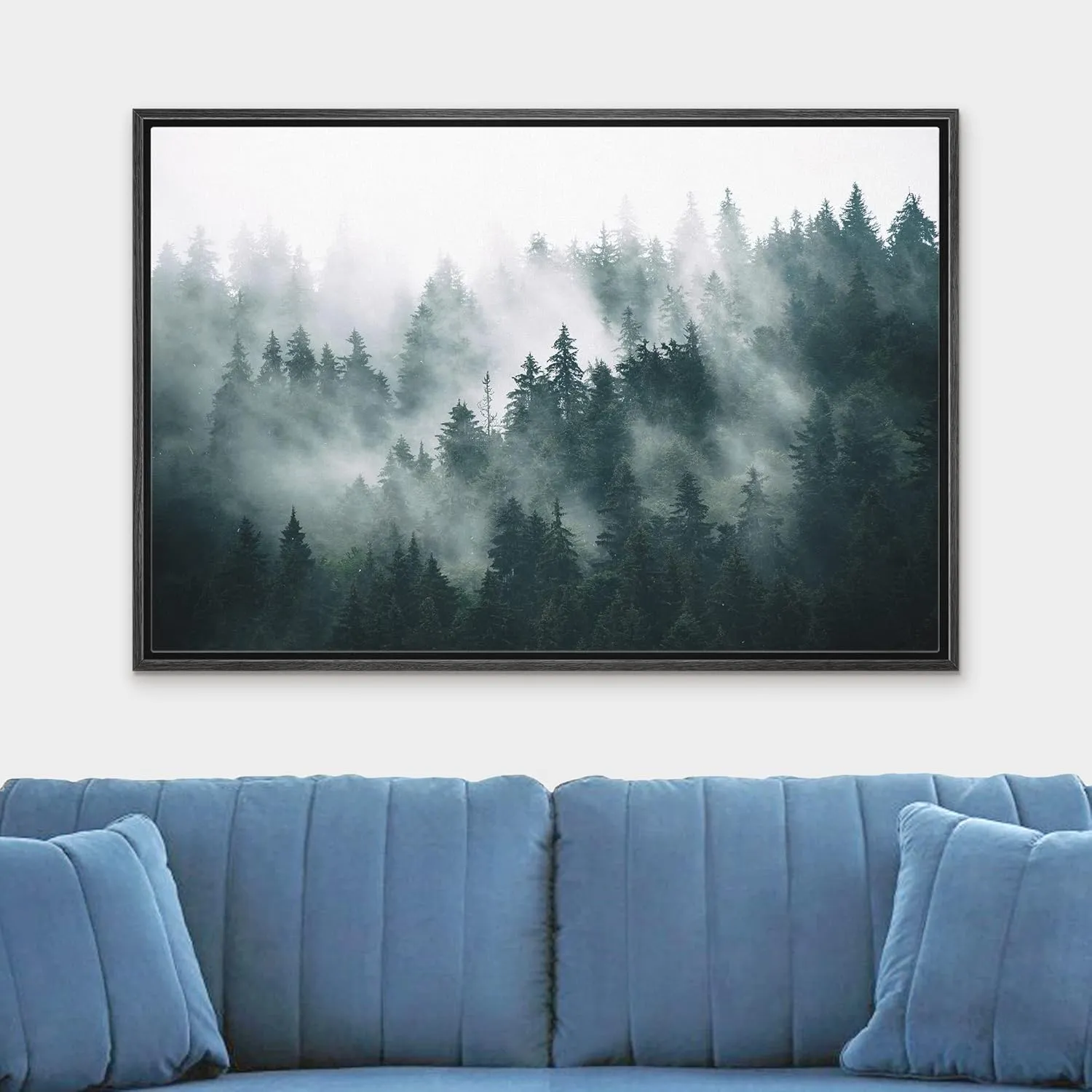 wall26 Framed Canvas Print Wall Art Misty and Fog Over Dark Mountain Forest Wilderness Nature Photography Modern Art Rustic Landscape Colorful for Living Room, Bedroom, Office - 24x36 Black
