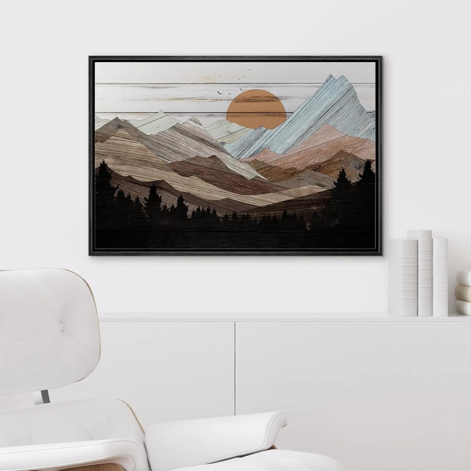 wall26 Framed Canvas Print Wall Art Mountain Range Forest Sunrise Nature Wilderness Digital Art Wood Panel Landscape Farmhouse/Country Relax/Calm/Cozy Geometric Abstract for Bedroom - 24"x36" Black