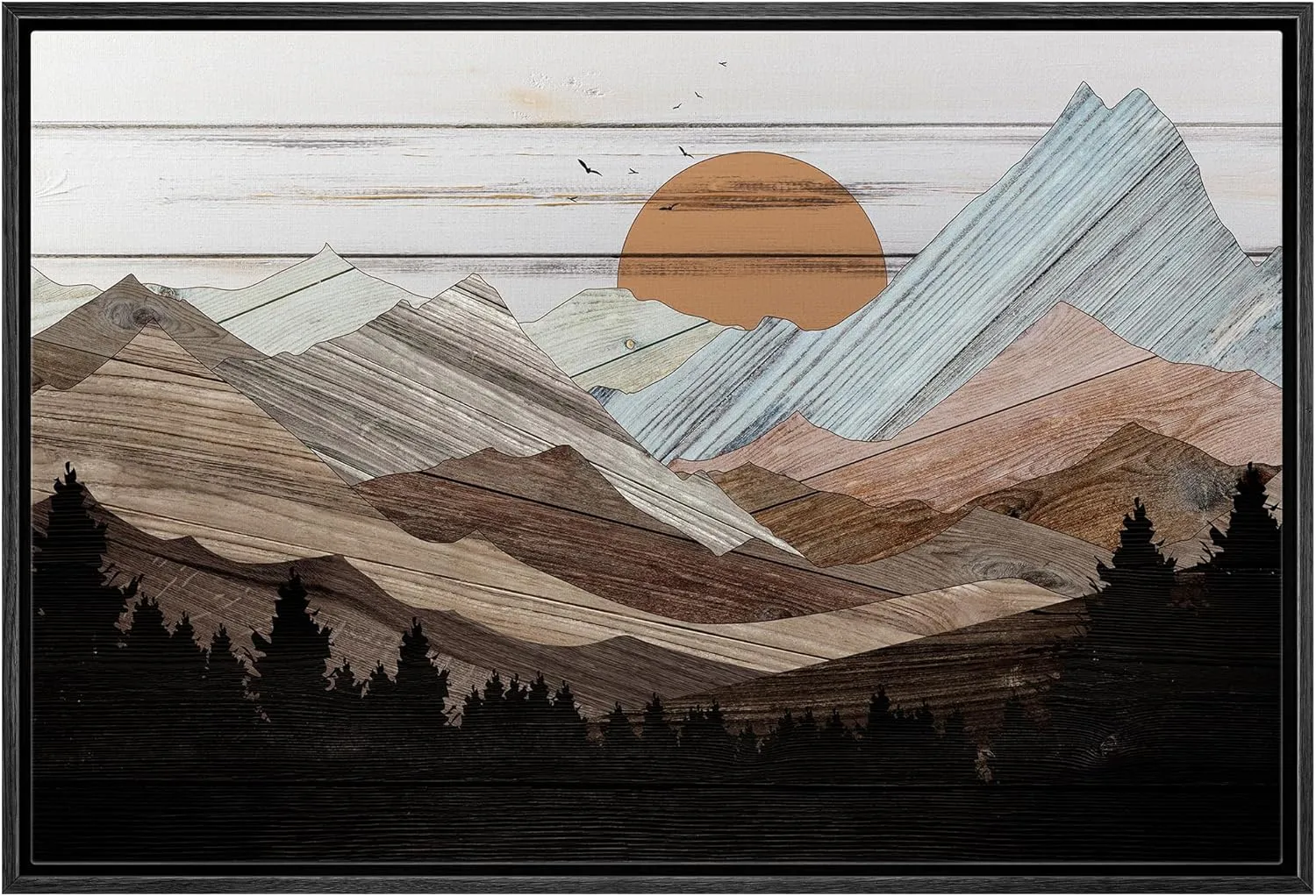 wall26 Framed Canvas Print Wall Art Mountain Range Forest Sunrise Nature Wilderness Digital Art Wood Panel Landscape Farmhouse/Country Relax/Calm/Cozy Geometric Abstract for Bedroom - 24"x36" Black