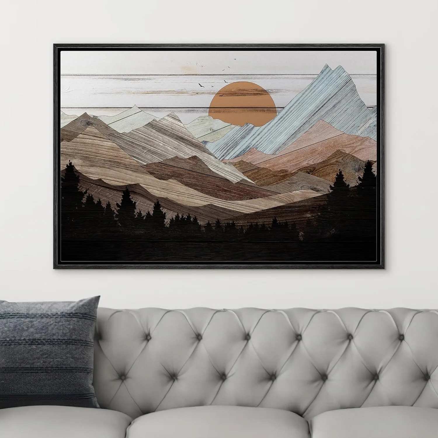 wall26 Framed Canvas Print Wall Art Mountain Range Forest Sunrise Nature Wilderness Digital Art Wood Panel Landscape Farmhouse/Country Relax/Calm/Cozy Geometric Abstract for Bedroom - 24"x36" Black