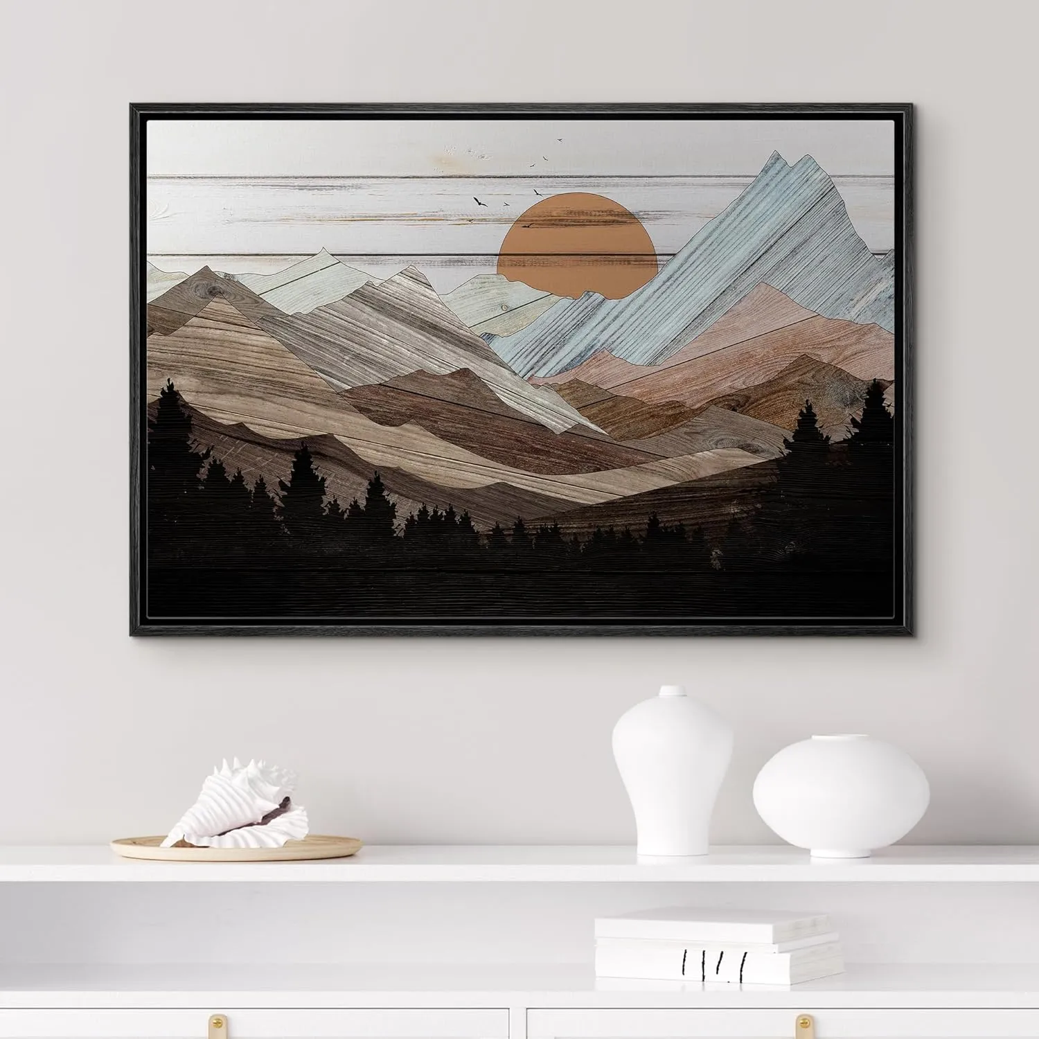wall26 Framed Canvas Print Wall Art Mountain Range Forest Sunrise Nature Wilderness Digital Art Wood Panel Landscape Farmhouse/Country Relax/Calm/Cozy Geometric Abstract for Bedroom - 24"x36" Black