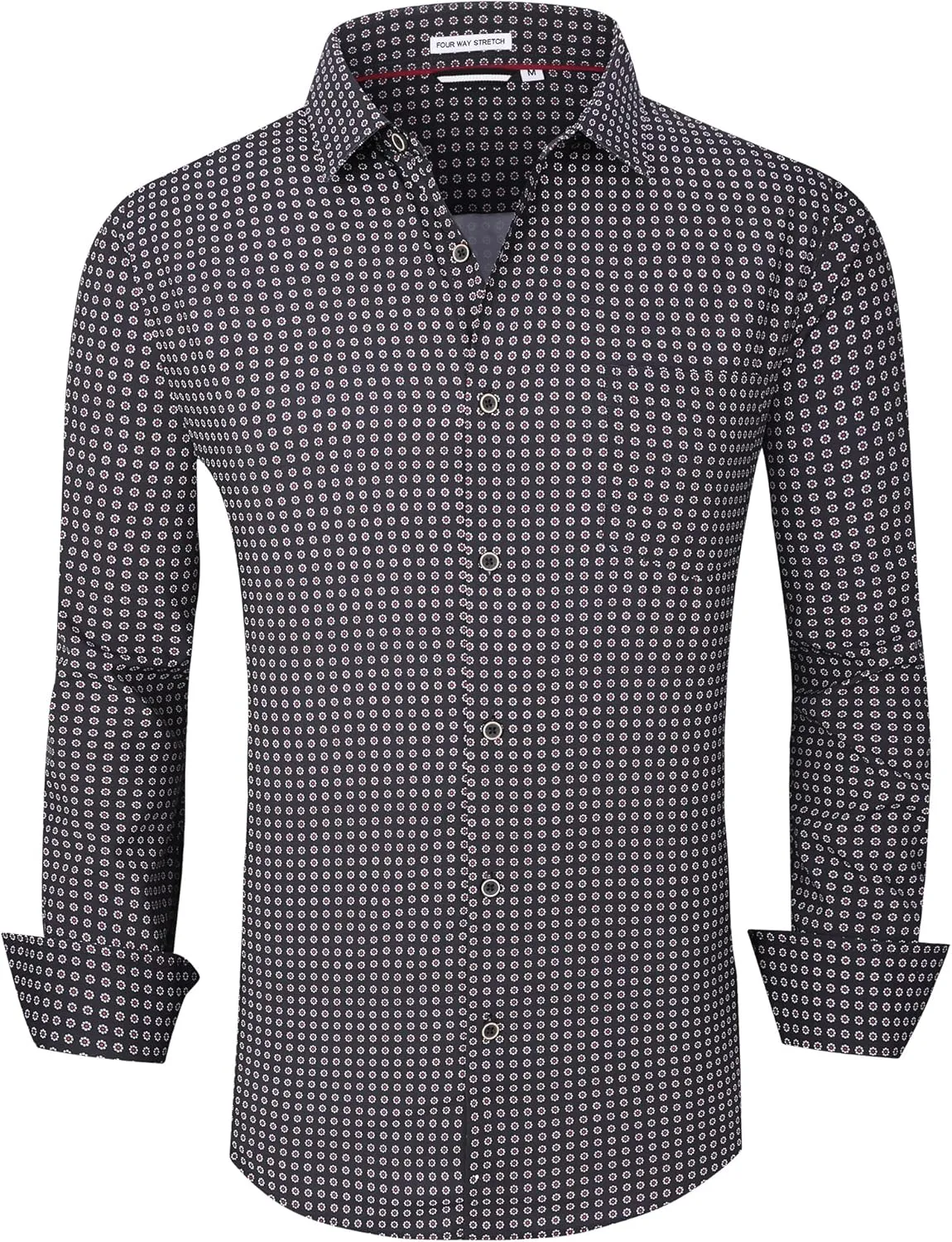 WARHORSEE Mens Casual Button Down Dress Shirts Long Sleeve 4-Way Stretch Collared Printed Business Work Shirt