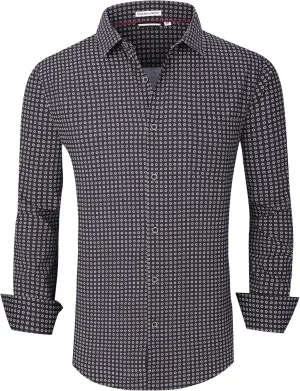 WARHORSEE Mens Casual Button Down Dress Shirts Long Sleeve 4-Way Stretch Collared Printed Business Work Shirt