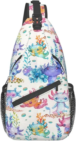 Watercolor Cute Axolotl Characters Sling Backpack Travel Crossbody Casual Chest Shoulder Bag Fashion Fanny Pack