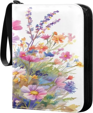 Watercolor Flower Painting Card Binder, 4 Pockets Trading Card Binder Holder with 50 Sleeves Holder Album, Card Collection Binder Card Album Book for Football Basketball Baseball Games Sports Cards