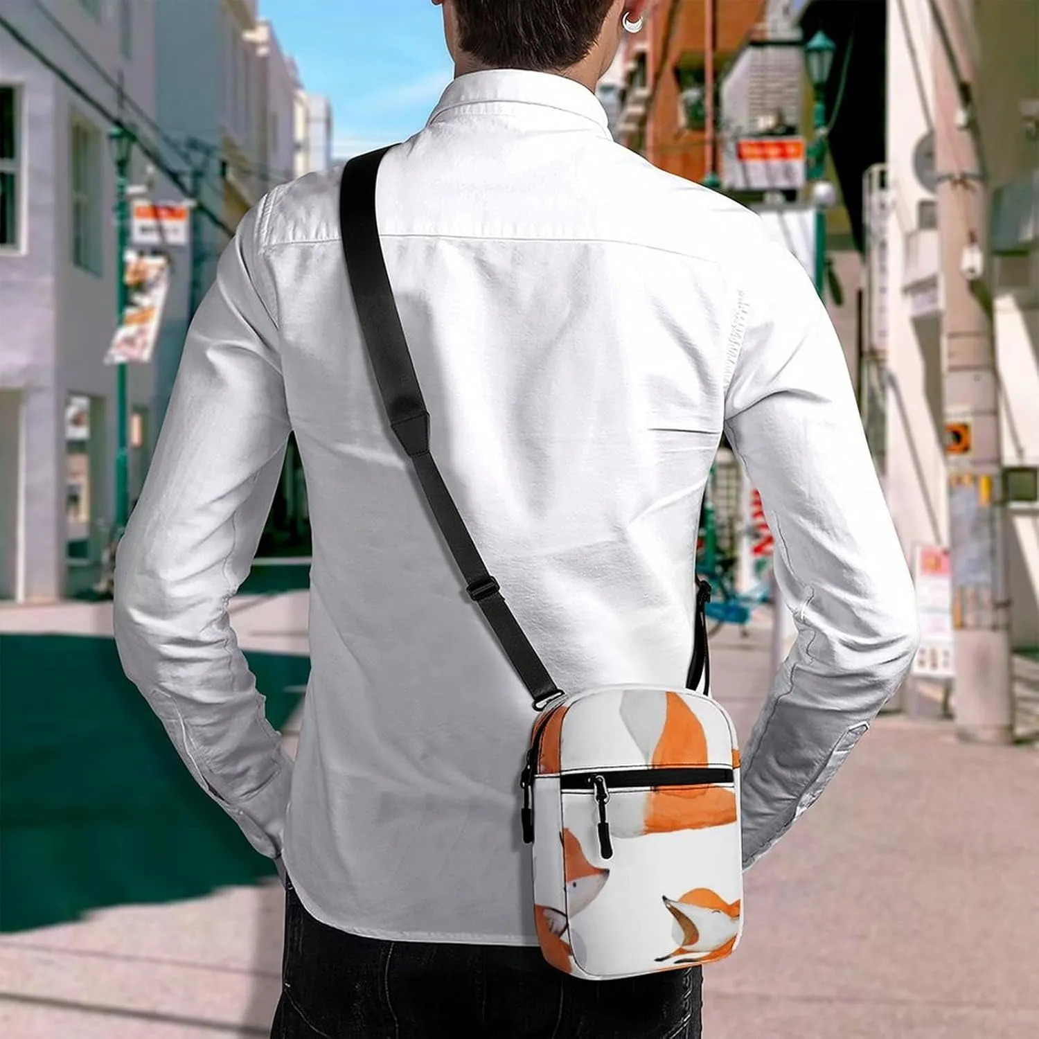 Watercolor Orange White Foxes Doing Different Actions on White Adjustable Fanny Waist Pack Pouch, Waterproof Crossbody Runners Bag Wallet for Gym Hiking Fitness Women Men 6.1 x 2.2 x 7.9 inch