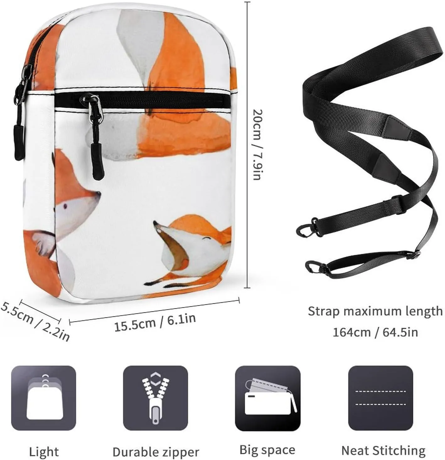 Watercolor Orange White Foxes Doing Different Actions on White Adjustable Fanny Waist Pack Pouch, Waterproof Crossbody Runners Bag Wallet for Gym Hiking Fitness Women Men 6.1 x 2.2 x 7.9 inch