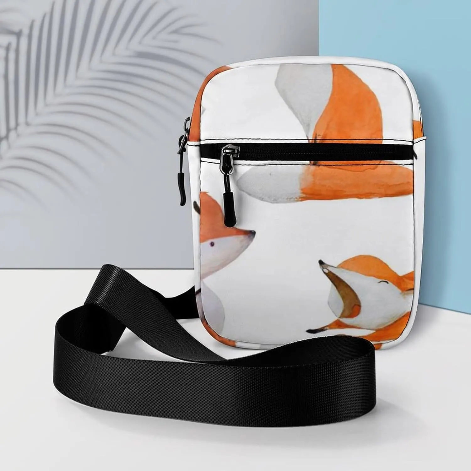 Watercolor Orange White Foxes Doing Different Actions on White Adjustable Fanny Waist Pack Pouch, Waterproof Crossbody Runners Bag Wallet for Gym Hiking Fitness Women Men 6.1 x 2.2 x 7.9 inch