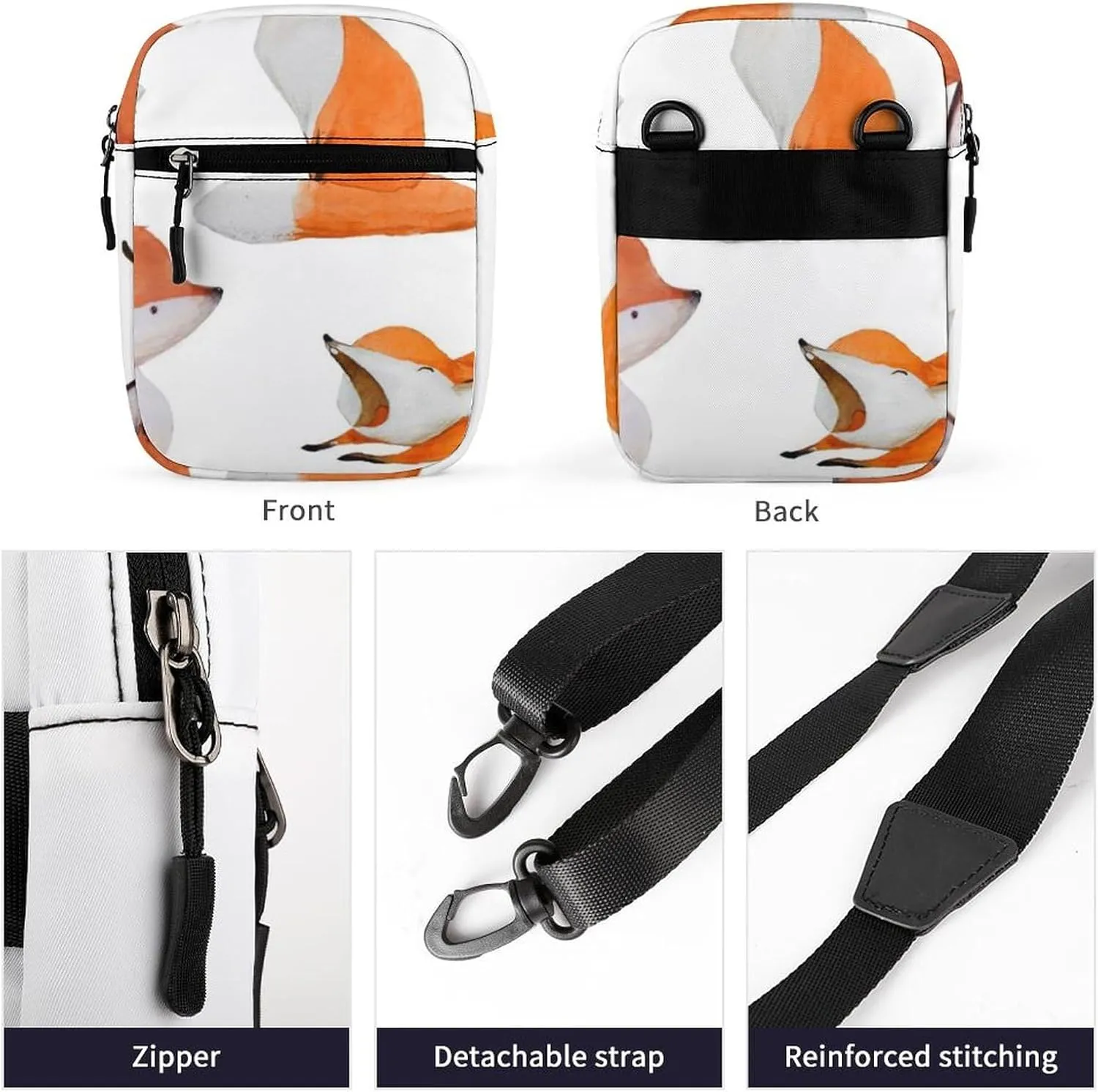Watercolor Orange White Foxes Doing Different Actions on White Adjustable Fanny Waist Pack Pouch, Waterproof Crossbody Runners Bag Wallet for Gym Hiking Fitness Women Men 6.1 x 2.2 x 7.9 inch