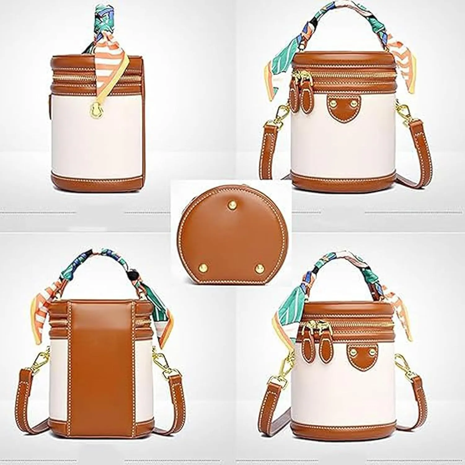 Waterproof PU Color-Block Crossbody Bag,Anti-Theft Cylinder Bucket Purse for Women,Leather Bucket Handbag