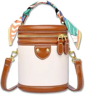 Waterproof PU Color-Block Crossbody Bag,Anti-Theft Cylinder Bucket Purse for Women,Leather Bucket Handbag