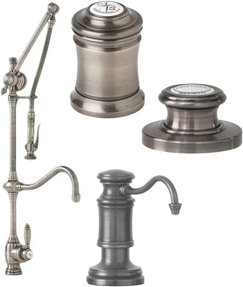 Waterstone 4400-4-AB Traditional Gantry Pulldown Faucet - Hook Spout 4pc. Suite Antique Brass