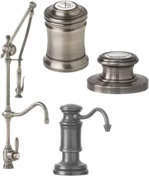 Waterstone 4400-4-AB Traditional Gantry Pulldown Faucet - Hook Spout 4pc. Suite Antique Brass