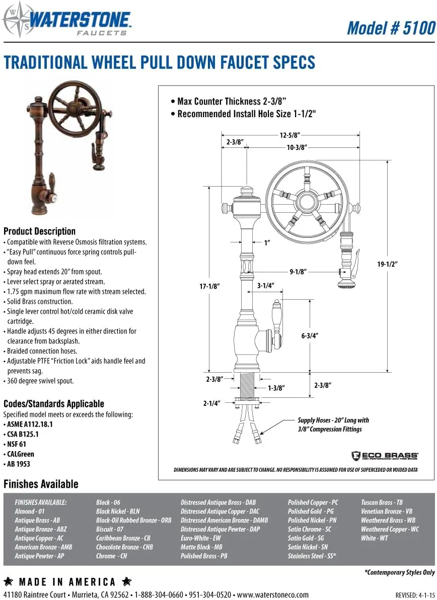 Waterstone 5100-3-BLN Traditional The Wheel Pull Down Kitchen Faucet 3pc. Suite Black Nickel