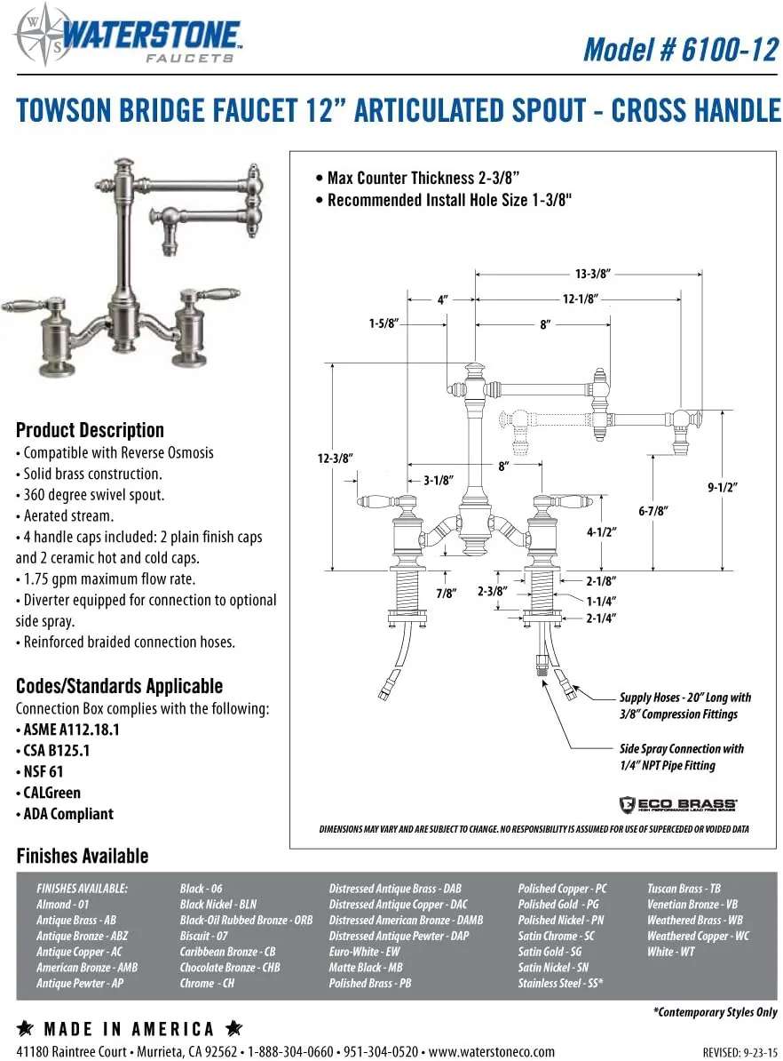 Waterstone 6100-12-2-CD-MB Bridge Faucet w/12" Articulated Spout Lever Handles 2pc. Suite Chardonnay & Matte Black
