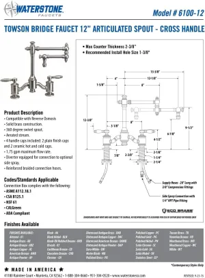 Waterstone 6100-12-2-CD-MB Bridge Faucet w/12" Articulated Spout Lever Handles 2pc. Suite Chardonnay & Matte Black