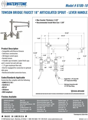 Waterstone 6100-18-3-AC Bridge Faucet w/18" Articulated Spout Lever Handles 3pc. Suite Antique Copper