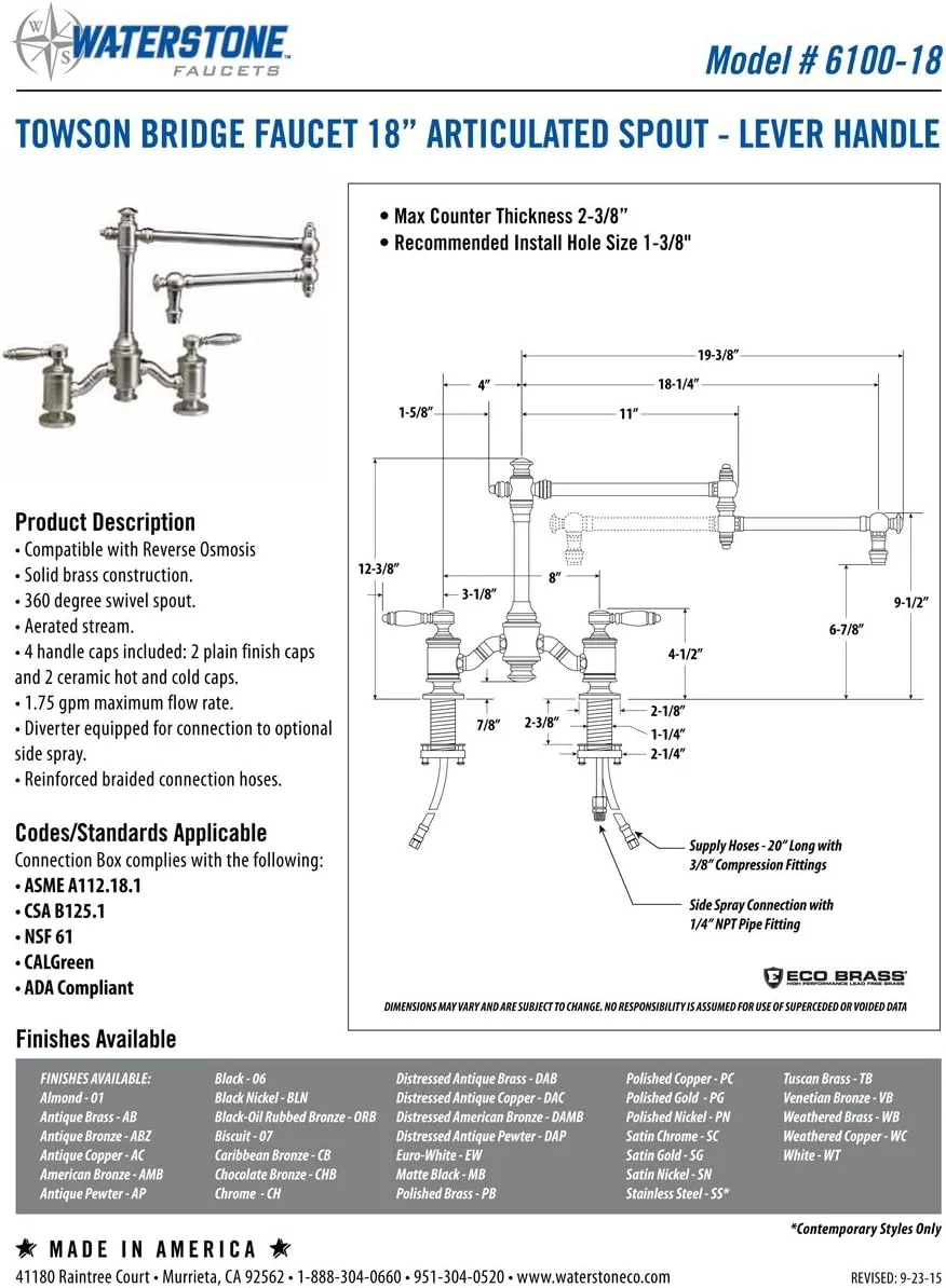 Waterstone 6100-18-3-AC Bridge Faucet w/18" Articulated Spout Lever Handles 3pc. Suite Antique Copper