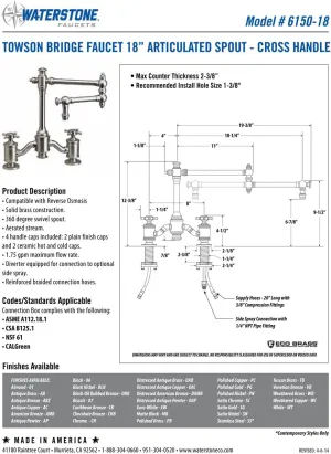 Waterstone 6150-18-3-MAP Bridge Faucet w/18" Articulated Spout Cross Handles 3pc. Suite Matte Antique Pewter