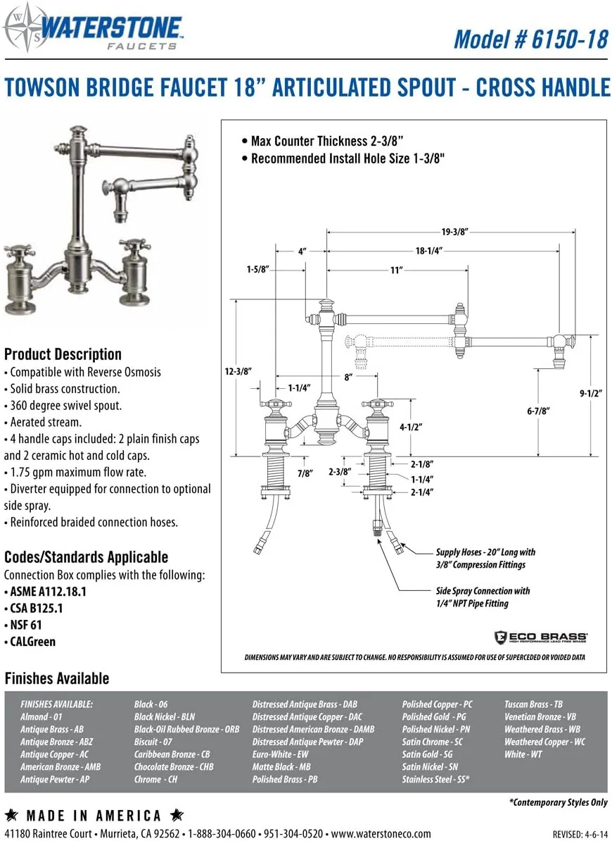 Waterstone 6150-18-3-MAP Bridge Faucet w/18" Articulated Spout Cross Handles 3pc. Suite Matte Antique Pewter