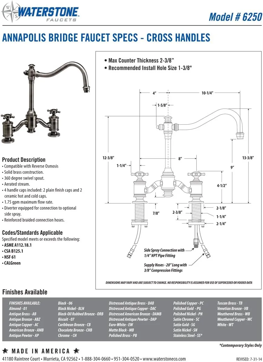 Waterstone 6250-3-CD-MB Annapolis Bridge Faucet - Cross Handles 3pc. Suite Chardonnay & Matte Black
