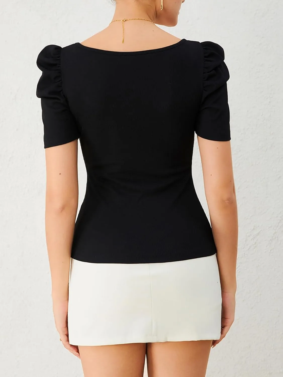 WDIRARA Women's Puff Sleeve Square Neck Short Sleeve Elegant Tee Top