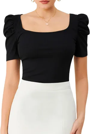 WDIRARA Women's Puff Sleeve Square Neck Short Sleeve Elegant Tee Top