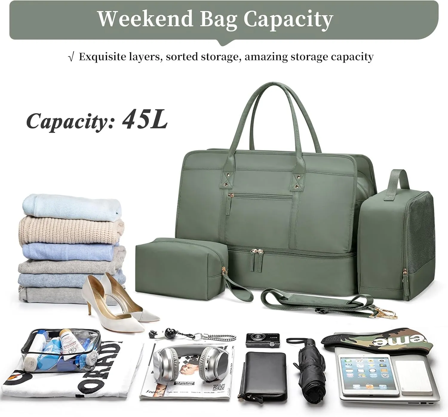 Weekender Bags for Women,Travel Duffel Bag Personal Item Bag with Shoes Compartment,Overnight Carry On Bag with Wet Pocket, Travel Bag 3Pcs Set