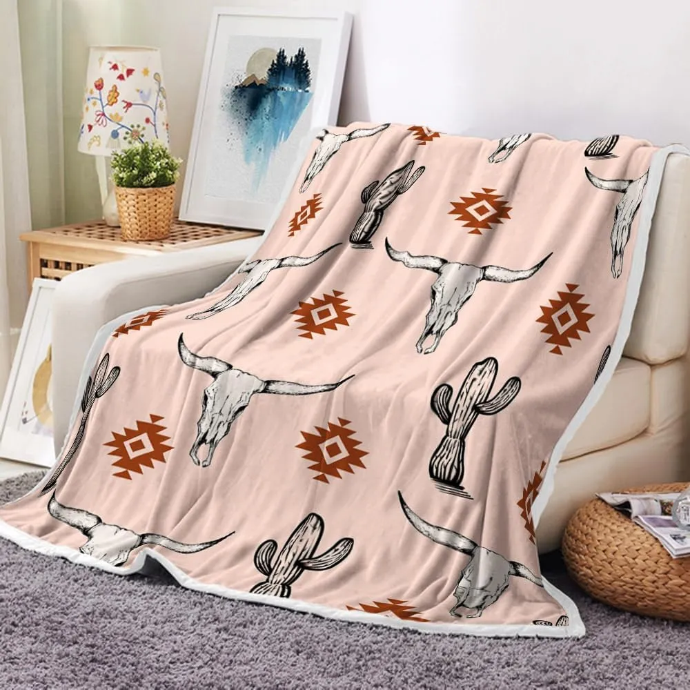 Western Boho Pink Throw Blanket, Bohemian Geometric Southwestern Bull Skull Warm and Cozy Fleece Throw Blanket for Bed, Couch, Native American Aztec Tribal Cactus Travel Camping Blanket, 50X60in